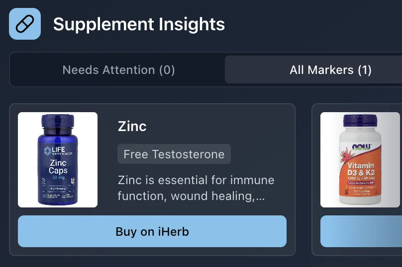 Screenshot showing supplement insights based on health markers